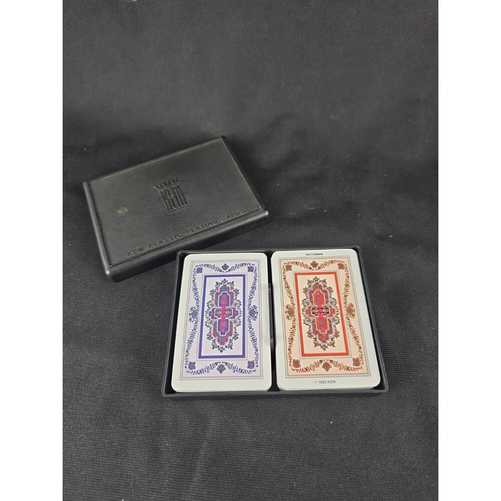 Vintage KEM Plastic Playing Cards Double Deck Red & Blue Victorian Pattern